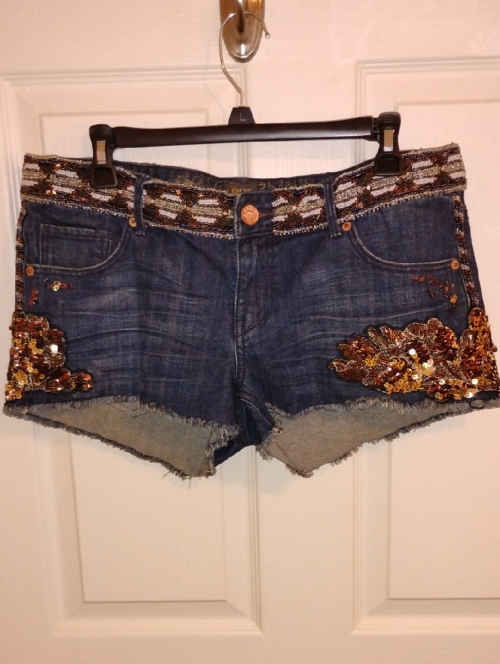 Express Dark Blue Denim Shorts with Gold Sequin Embellishment